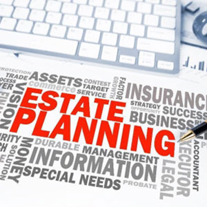 Word cloud depicting various terms associated with estate planning, such as assets, beneficiary, will, trust, and power of attorney.